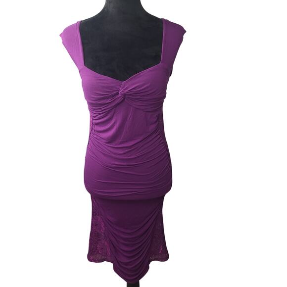 Women's Formal Bodycon Ruched Maxi Dress Sz Large Lace Sides Elegante Purple - Picture 1 of 14
